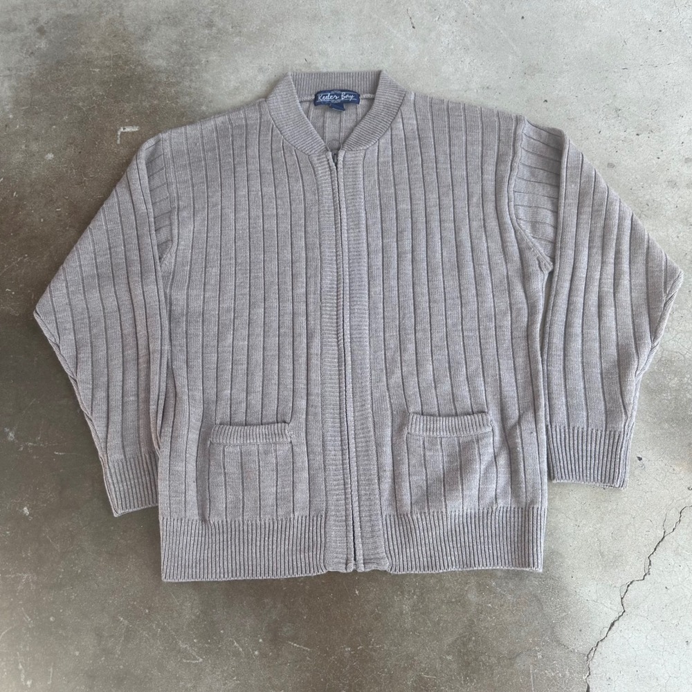 Keeler Bay Cardigan Sweater Mens XL Tan Excellent Ribbed Full Zip Mock Neck